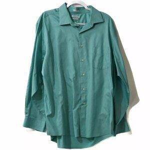 Van Heusen Lux Sateen Men Green Dress Shirt Button Up Regular Fit Long Sleeve 18